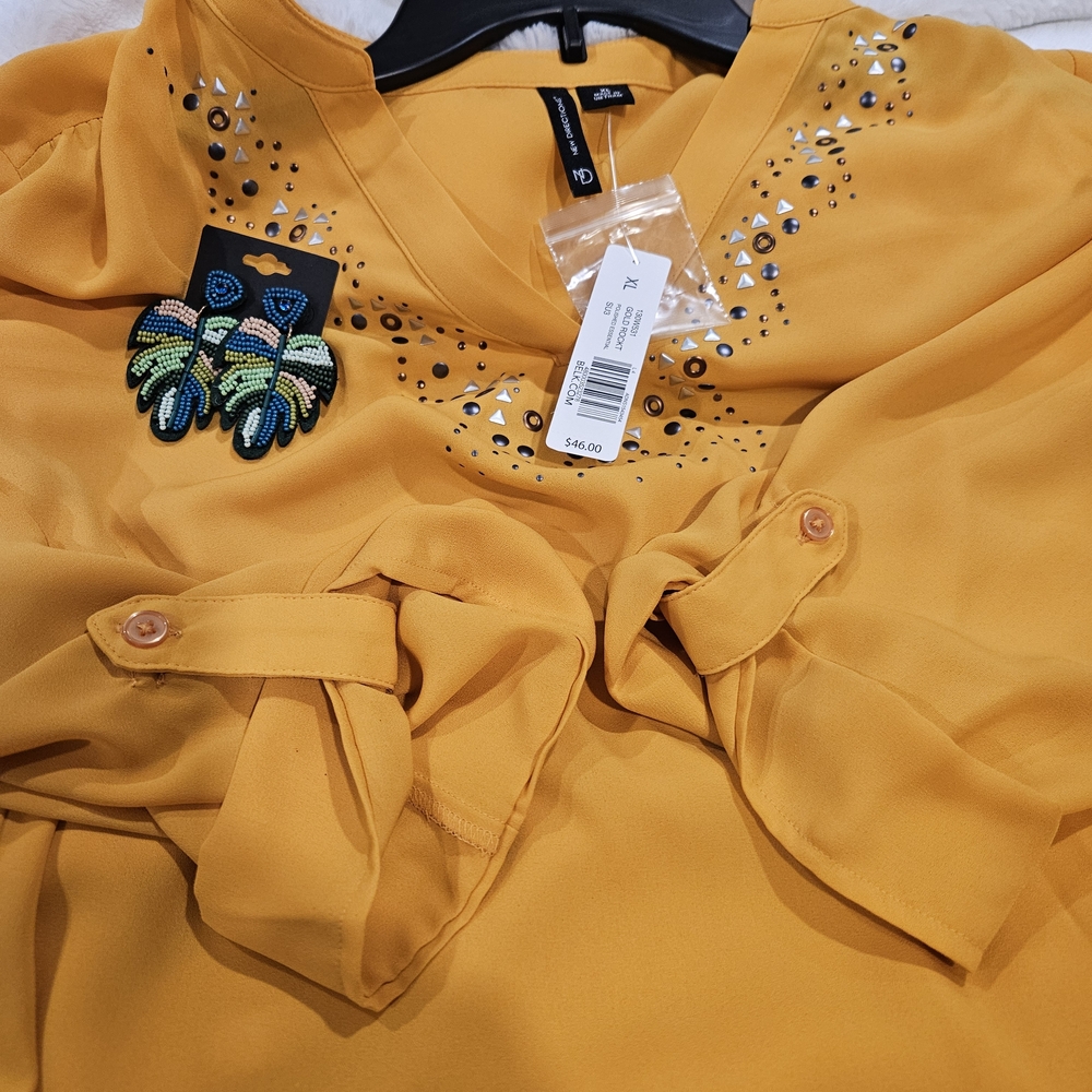 NWT New Directions Mustard Embellished Blouse With Free Pair Of Earrings